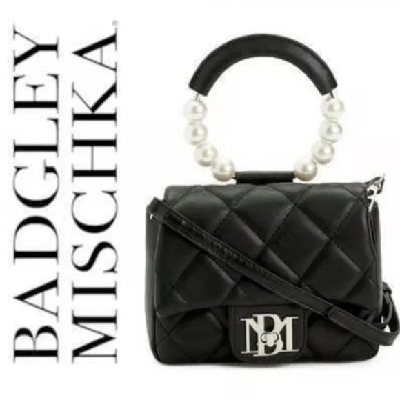 Badgley Mischka/Vegan Leather Clutch Bag Pearl Handle Black Crossbody Purse - Picture 8 of 9